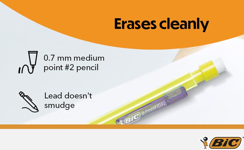 Erases cleany. 0.7mm medium point 2 pencil Lead doesn't smudge