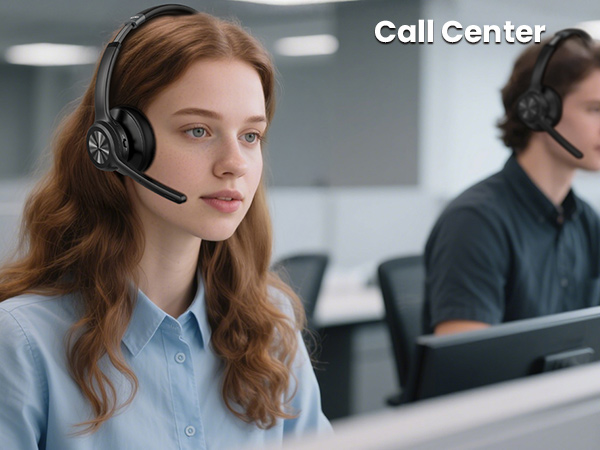 Text reads 'Call Center'. Professional customer service setting showing representative wearing headset in office environment.