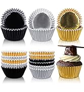 Whaline 150Pcs Graduation Cupcake Liners Congrats Grad Foil Baking Cups Black Silver Gold Foil Me...