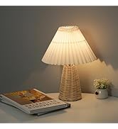 Dpofirs Rattan Pleated Bedside Night Lamp, Vintage Scandinavian Style, Beige Fabric Shade, Rechar...