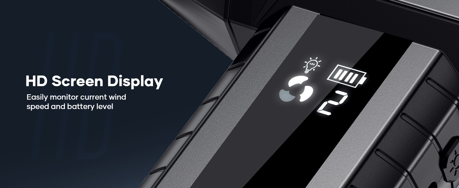 The VELLROX Compressed Air Duster&amp;#39;s screen shows speed and battery
