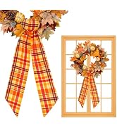 AnyDesign 2Pcs Fall Wreath Sash for Front Door Orange Red Autumn Plaid Garland Ribbon Bow for Har...