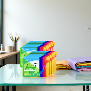 A modern desk with a sleek laptop and a colorful array of office supplies, including the product nea