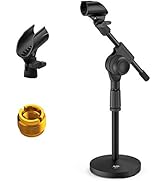 Moukey Boom Mic Stand Desk Adjustable Desktop Microphone Stand with Non-Slip Mic Clip, Short Tabl...