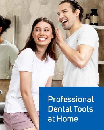 A man and woman brushing their white teeth. Text reads: “Professional dental tools at home.”