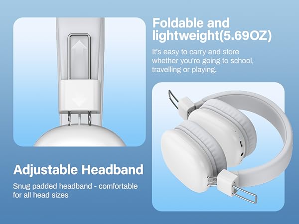 White foldable headphones with adjustable padded headband, weighing 5.69 oz. Features comfortable padding and flexible design for easy transport and storage.