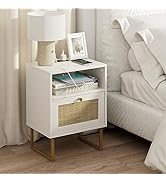 Masupu Rattan Nightstand with Charging Station,Modern Boho Farmhouse Wood Bedside Table with Stor...