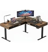 HUANUO Electric L Shaped Standing Desk, 63?x55? Height Adjustable Corner Computer Desk with 2 Und...
