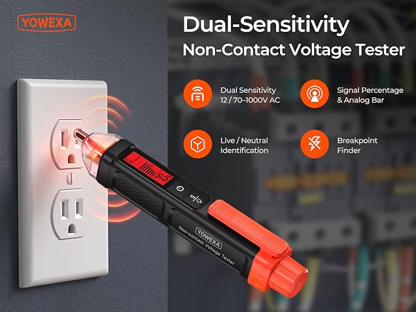 YOWEXA CC3230 non-contact AC voltage tester with dual sensitivity and signal feedback.