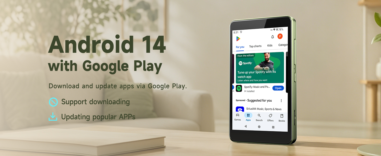 Sage green G4 music player on Google Play with options to download and update compatible apps.