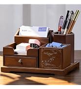 GroveMindoo Bamboo Desk Organizer with Drawer, Pen Holder &amp; Business Card Slot, Multi-Compartment...