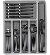 49-Piece Black Silverware Set with Organizer, Heavy Duty Stainless Steel Flatware for 8, Cutlery ...
