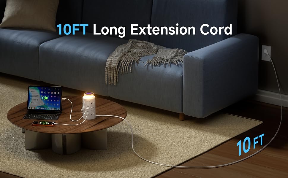 Tower Power Strip Surge Protector with Wireless Charging &amp;amp; Night Light