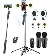 Vlogging Kit for iPhone/Android, 63”Auto Face Tracking Tripod for iPhone with Light, Wireless Mic...
