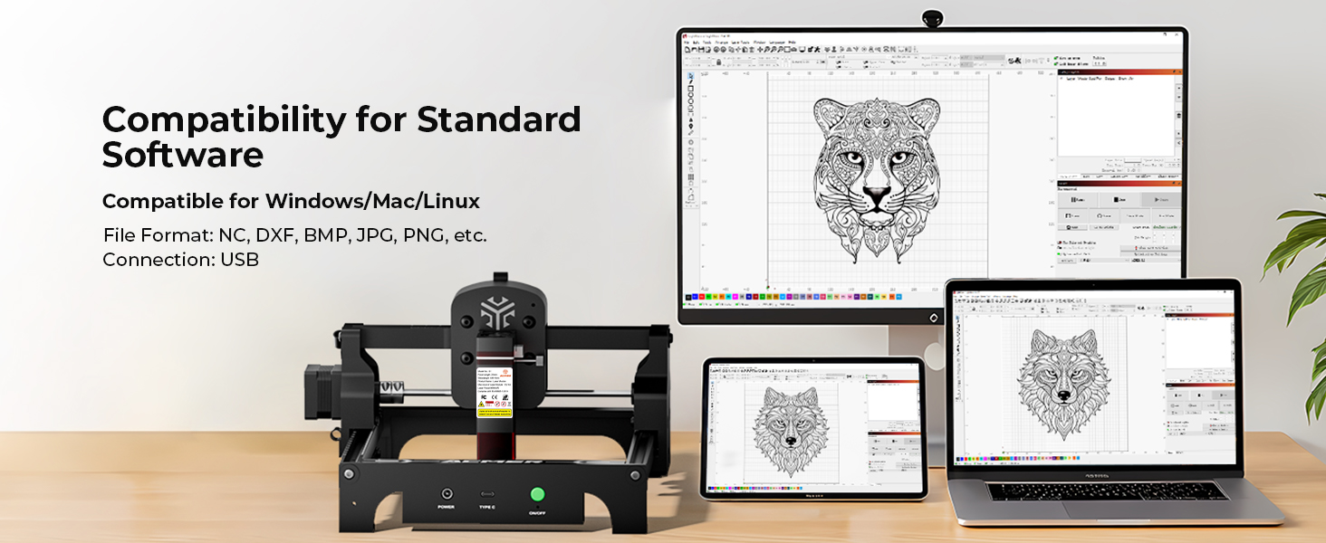 Text reads 'Compatibility for Standard Software'. Display showing multiple computer screens with digital artwork and a small CNC machine in foreground.