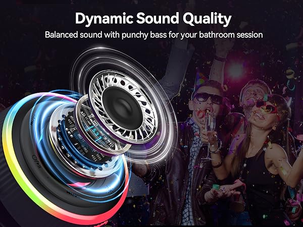 Text reads 'Dynamic Sound Quality'. Futuristic circular audio visualization with colorful light rings and technical elements in dark setting.
