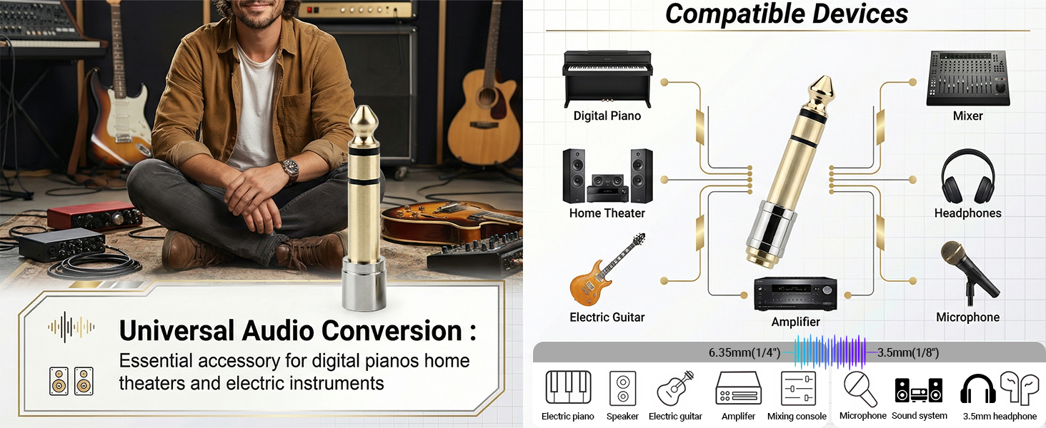 Universal 1/4&amp;#34; to 1/8&amp;#34; audio converter for guitar home theater and mic.