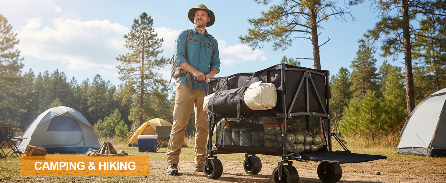 Heavy duty camping wagon for forest trips and hiking gear hauling with double decker storage