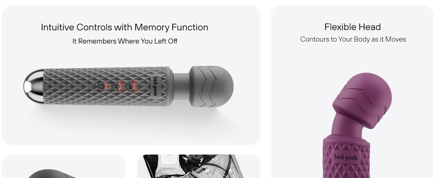 Bed Geek handheld massage wand with soft silicone, 20 vibration patterns, and USB rechargeable