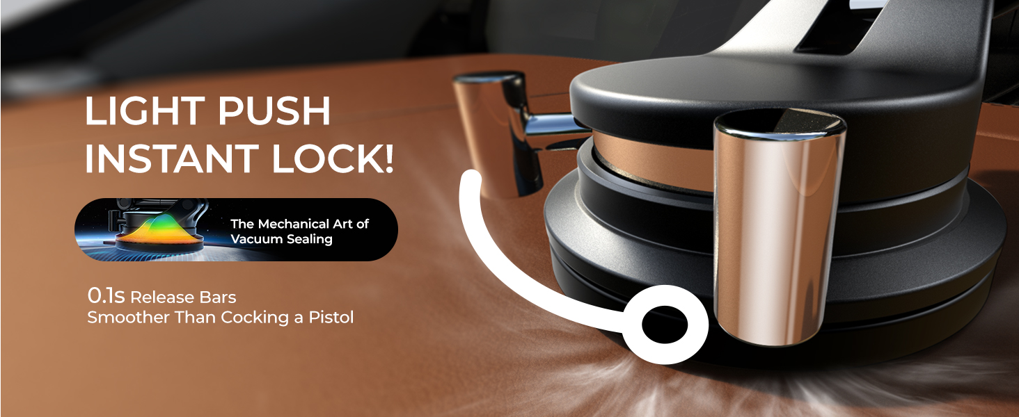 Close-up of a coffee tamper with copper-colored handle and black base. Text reads 'LIGHT PUSH INSTANT LOCK!' highlighting a key feature of the product.