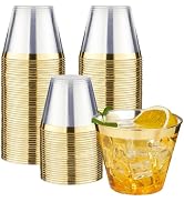 RACETOP 9 oz 100 Pack Clear Plastic Cups with Gold Rim, Plastic Cups Gold Rimmed Disposable, Disp...