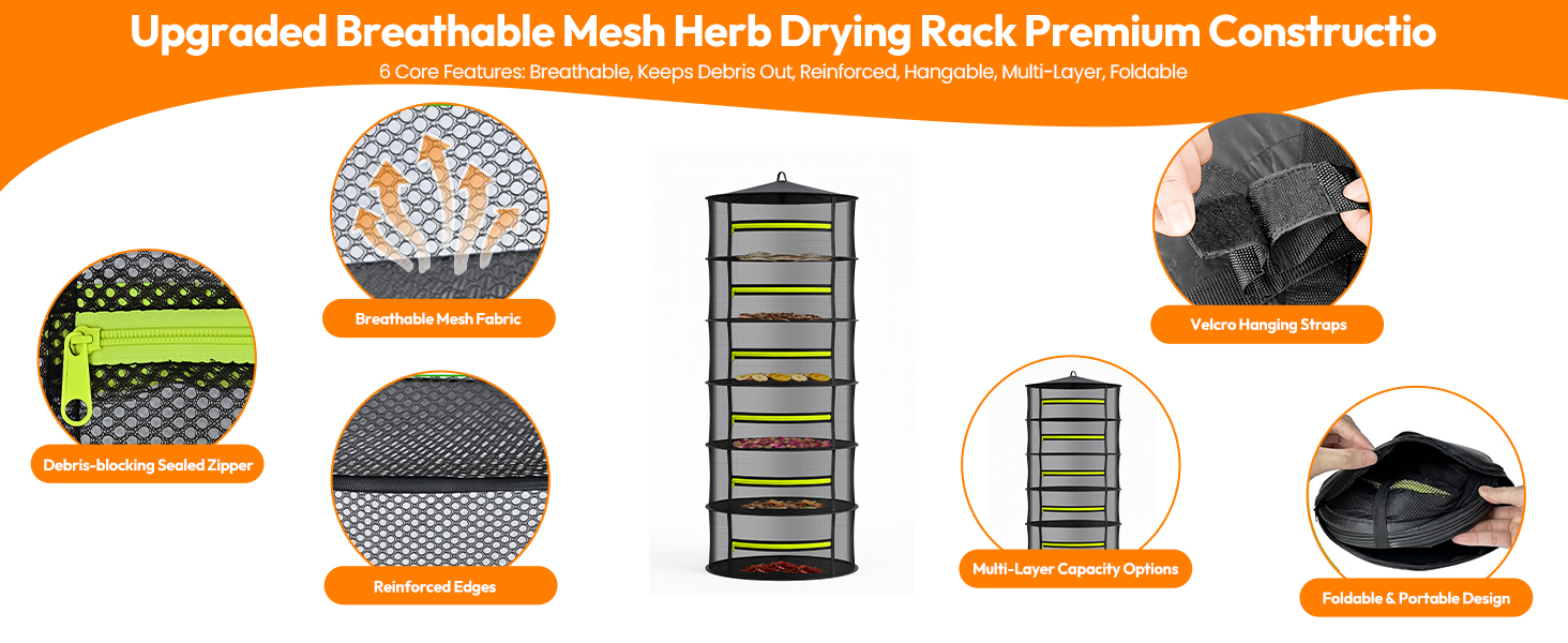 Upgraded breathable mesh plant drying rack with 6 core structural features