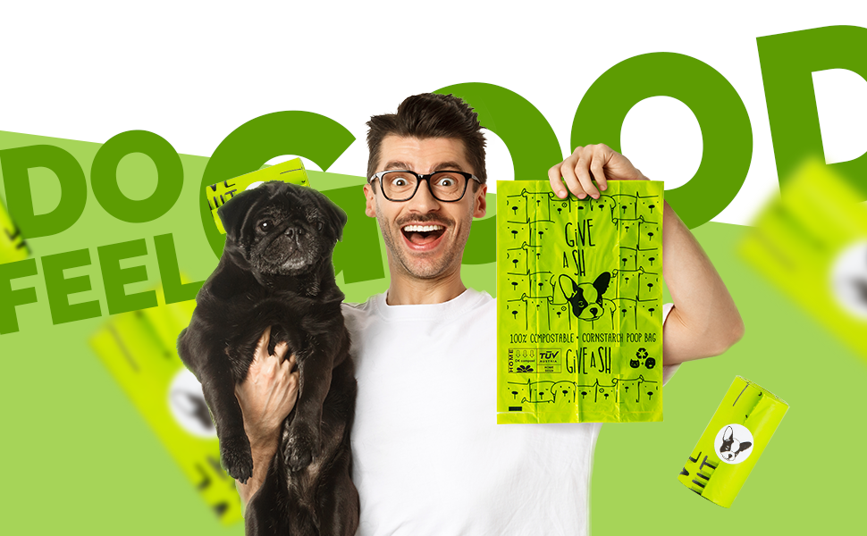 Smiling guy holding poop bags and pug