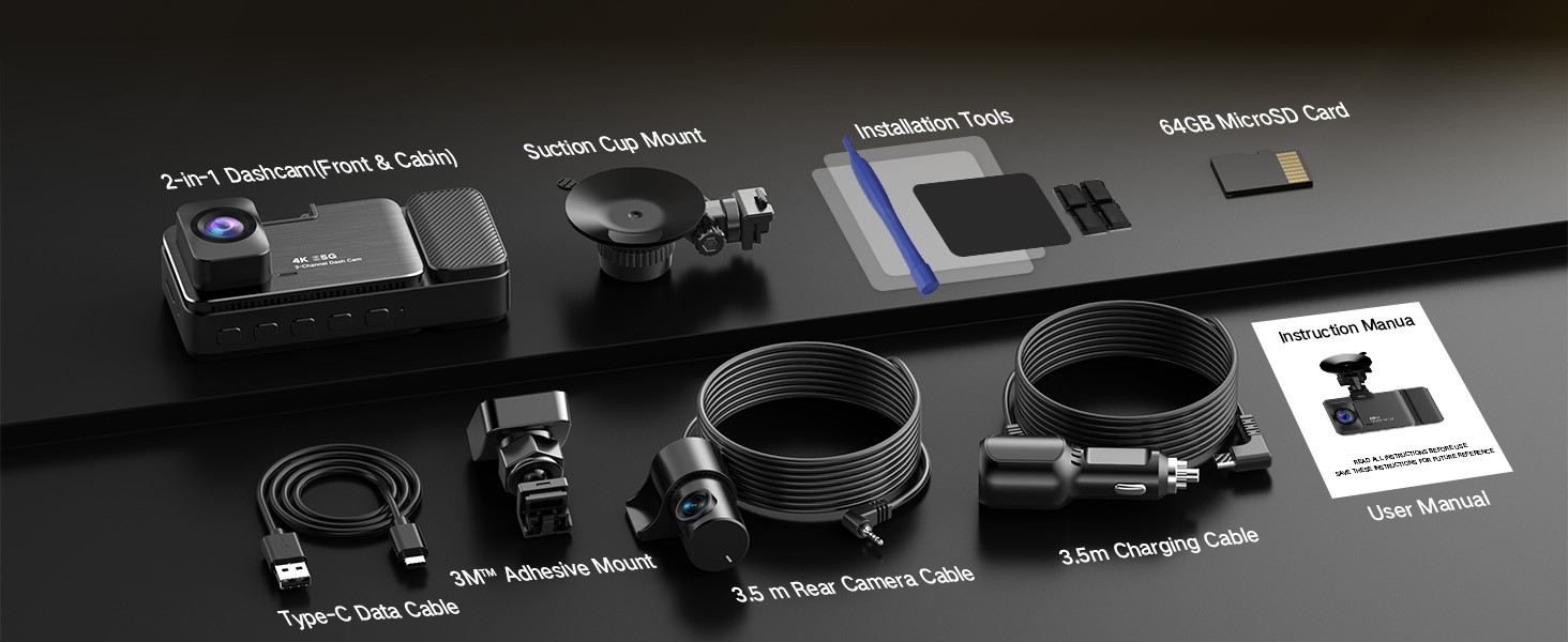 4K Dash Cam Front and Rear Inside, 3-Channel Cars Camera Dash