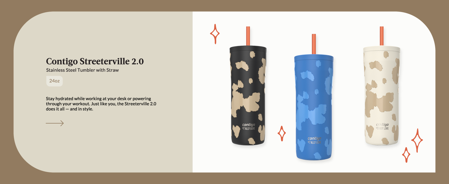 streeterville stainless steel tumbler straw black blue tan beige hydrate workout workday stylish