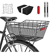 Large Bicycle Basket - Rear Bike Basket with Cargo Net and 2-in-1 Waterproof Cover, Wire Bike Bas...