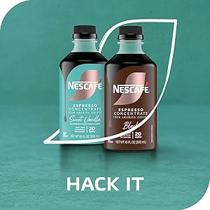 A bottle of NESCAFÉ Espresso Concentrate Black next to a bottle of Sweet Vanilla. Tagline: Hack it.