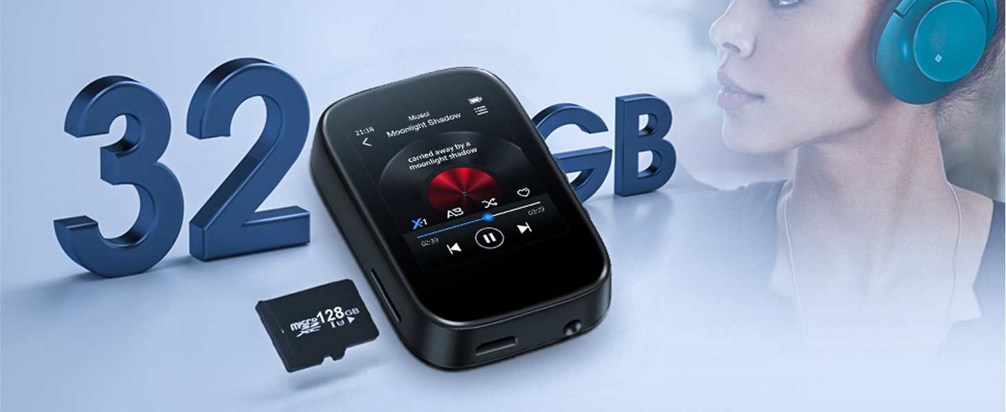 Portable music player with touch screen displaying song information, next to '32GB' text and a memory card. Blue headphones visible in background.