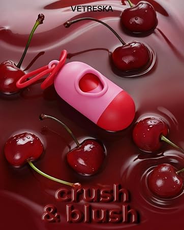 Text reads 'VITRESKA' and 'Crush' and 'Blush'. Close-up product photography of fresh cherries with glossy red finish against dark background.