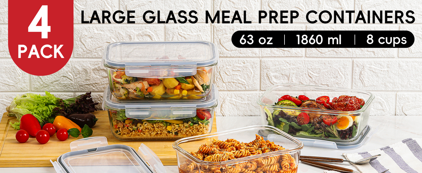 4 pack large glass storage containers with lids