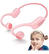 Pink bone conduction headphones with curved design and open-ear pads. Flexible headband wraps around back of head. Shown alongside image of smiling girl.