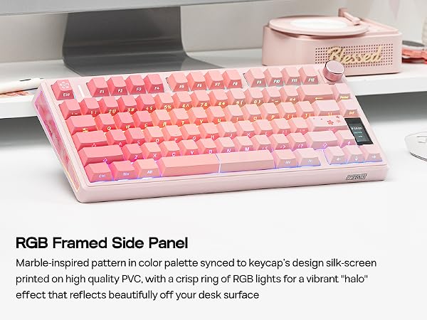 Text reads 'Image 4'. Pink mechanical keyboard with RGB lighting effects. Text visible about 'RGB Framed Side Panel' and 'Marble-inspired pattern in color palette synced to keyboard's design life screen printed on high-quality PVC'.