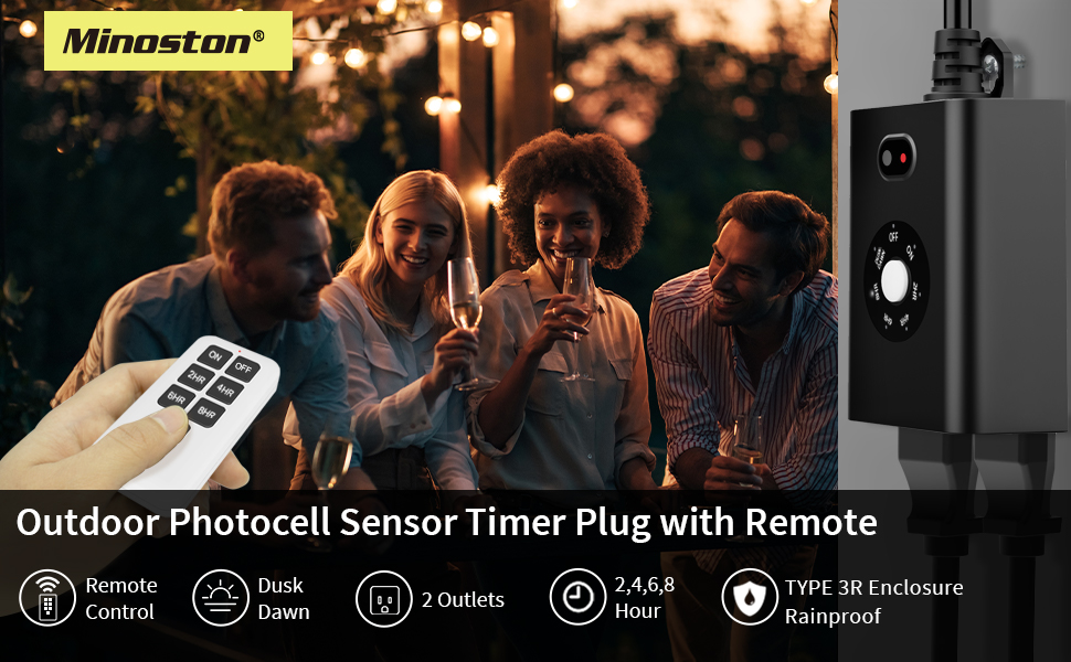 Minoston timer plug outlet with remote control with photocell sensor with dual outlets