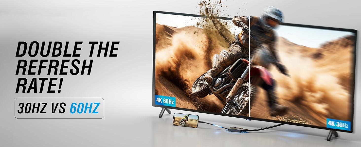 Text reads 'DOUBLE THE REFRESH RATE!' with what appears to be display or screen-related promotional imagery.