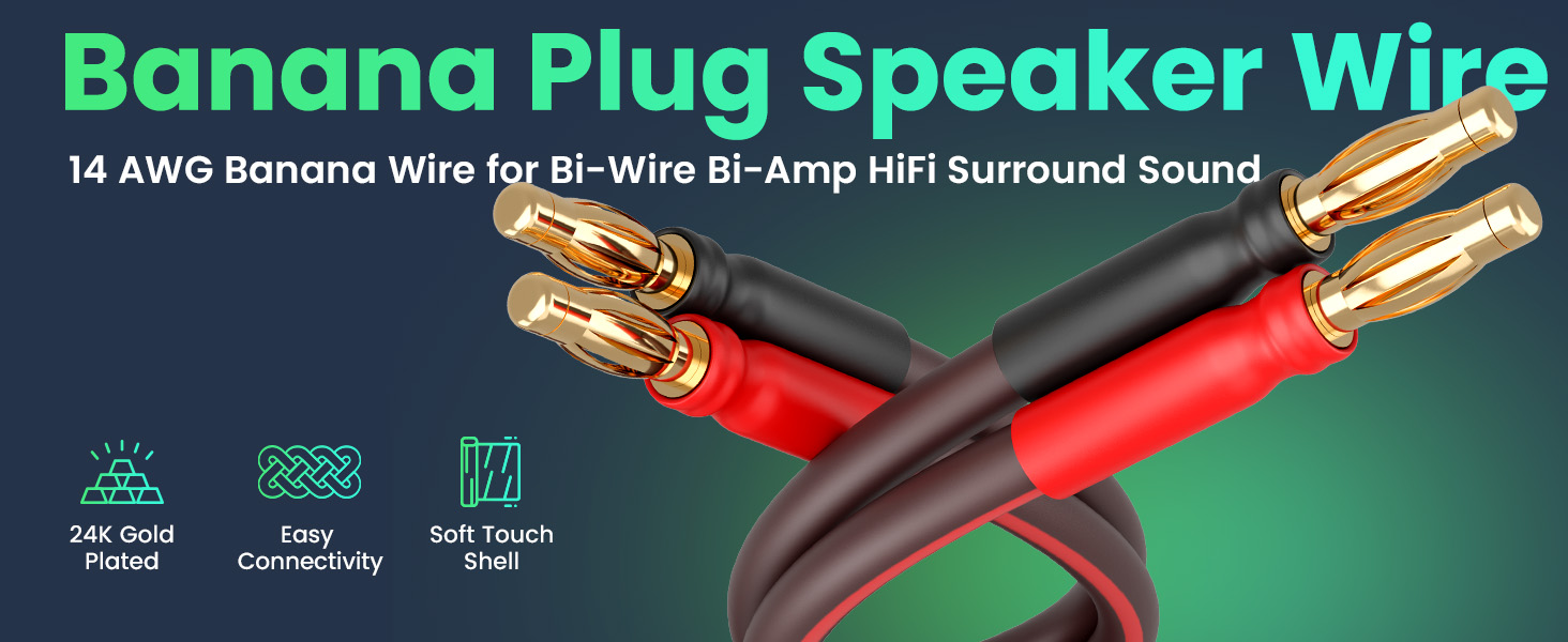 Banana Plug Speaker Wire 14 AWG Banana Wire for Bi-Wire Bi-Amp HiFi Surround Sound