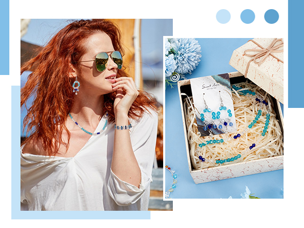 Split image showing lifestyle photo and gift box containing blue pom-pom accessories and decorative items arranged in presentation style.