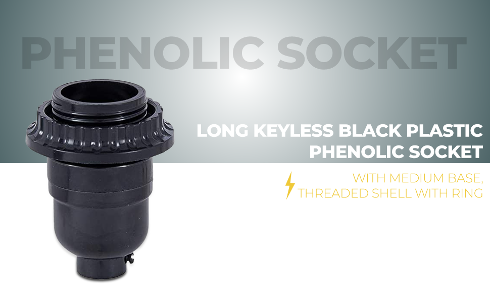 Long Keyless Black Plastic Phenolic Socket with Medium Base, Threaded Shell with Ring