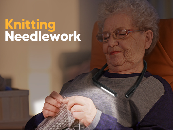 A old woman is knitting or crocheting with a neck light on for handsfrees convenient illumination