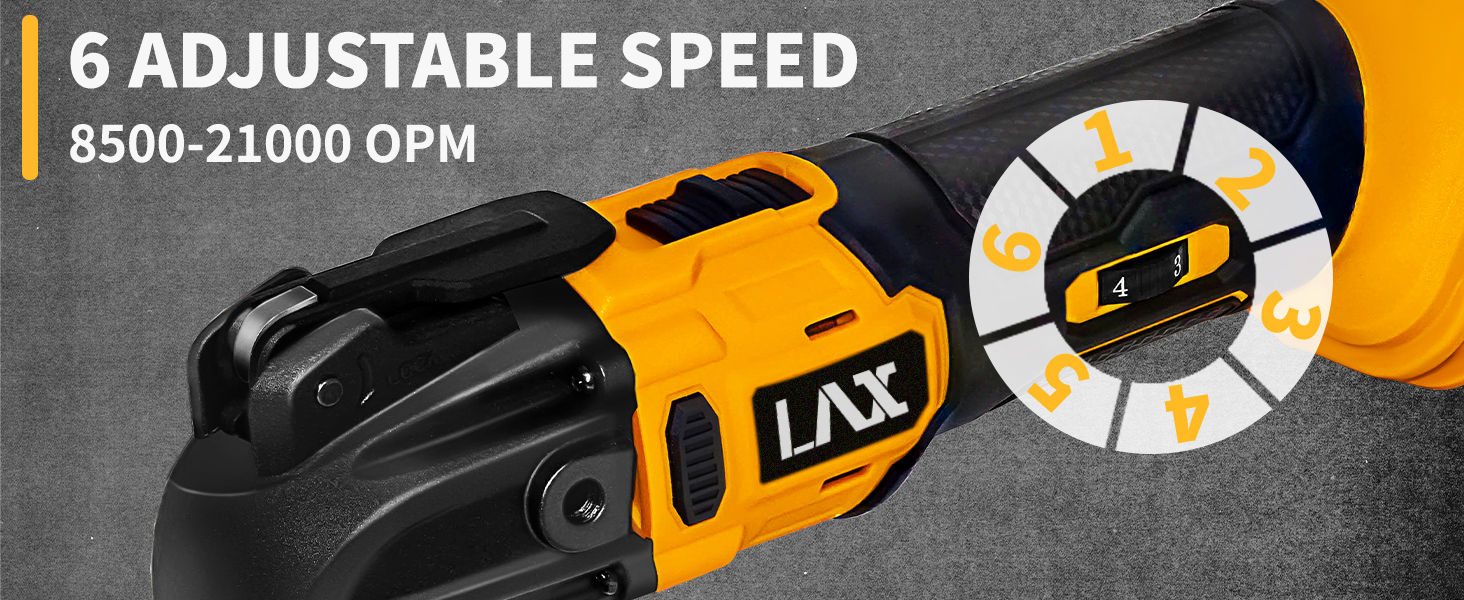 Yellow and black power tool with 6 adjustable speed settings, ranging from 8500-21000 OPM. Features a circular speed selector dial and LAX branding.