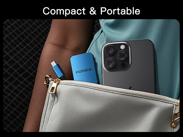 Text reads 'Compact &amp; Portable'. Multiple views of a sleek mobile device or case in various angles against dark backgrounds.
