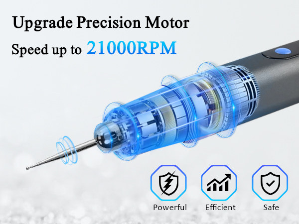 Precision motor with speed up to 21000RPM. Transparent blue casing shows internal components. Features include powerful, efficient, and safe operation. Cylindrical shape with a thin metal tip.