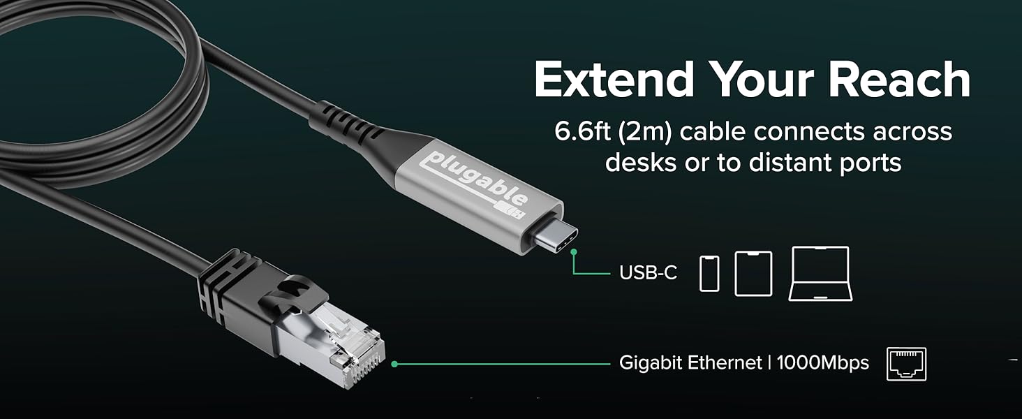 USB C Ethernet adapter with 6.6 ft extended reach cable