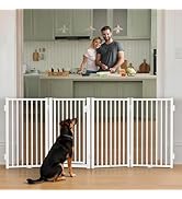 COMOMY 80" Free Standing Dog Gate with Door, Foldable Dog Fence for Indoor &amp; Outdoor, 4 Metal Pan...