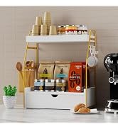 2 Tier Bathroom Counter Organizer with Drawer &amp; Basket, Wooden Vanity Tray Countertop Shelf Acces...