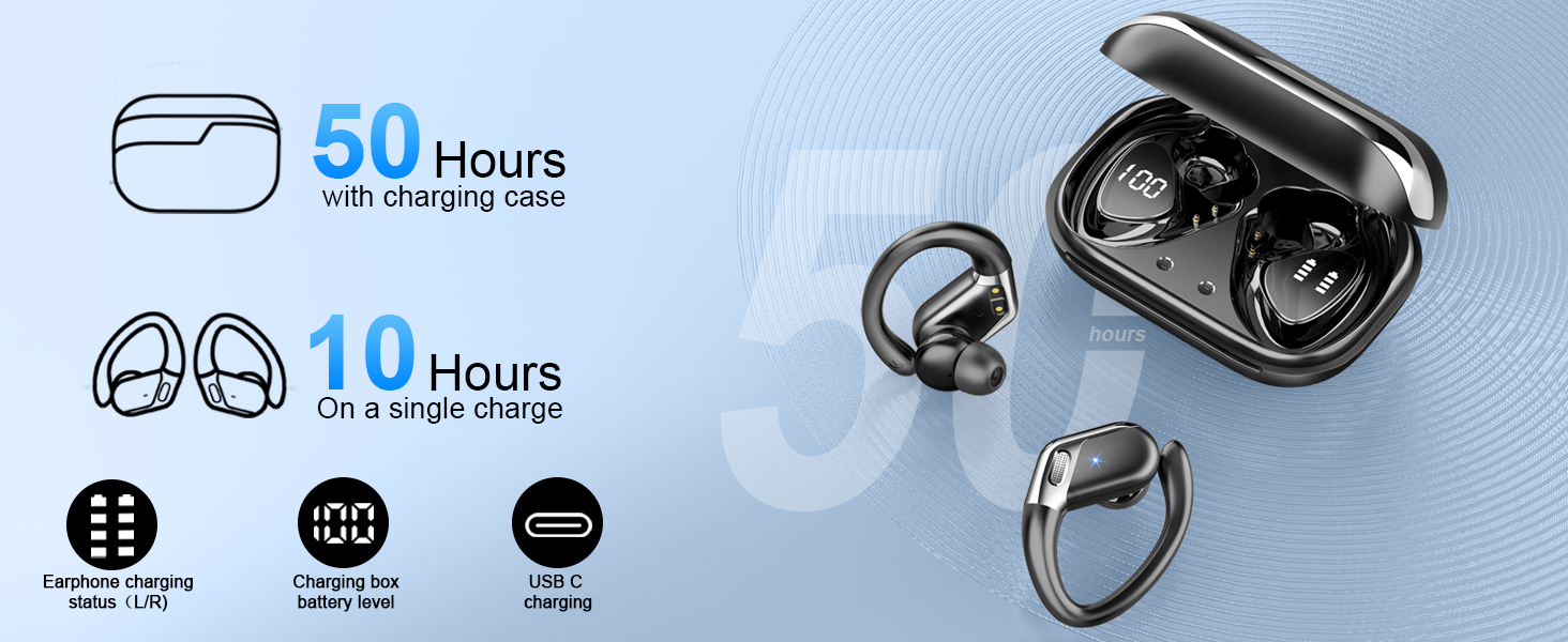 Black wireless earbuds with charging case, showing 50-hour battery life with charging case and 10-hour single charge specifications.