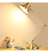 LED Desk Lamp with USB Port, Dimmable Touch Table Lamp with 3 Color Modes, Gold Reading Light wit...